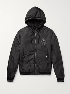 Leather-trimmed Embroidered Shell Hooded Jacket