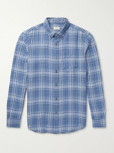 Club Monaco Slim-fit Button-down Collar Checked Linen Shirt In Blue