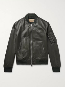 Burberry Leather Bomber Jacket In Army Green