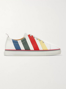 THOM BROWNE STRIPED PEBBLE-GRAIN LEATHER SNEAKERS