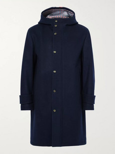 Thom Browne Striped Wool Hooded Coat In Midnight Blue