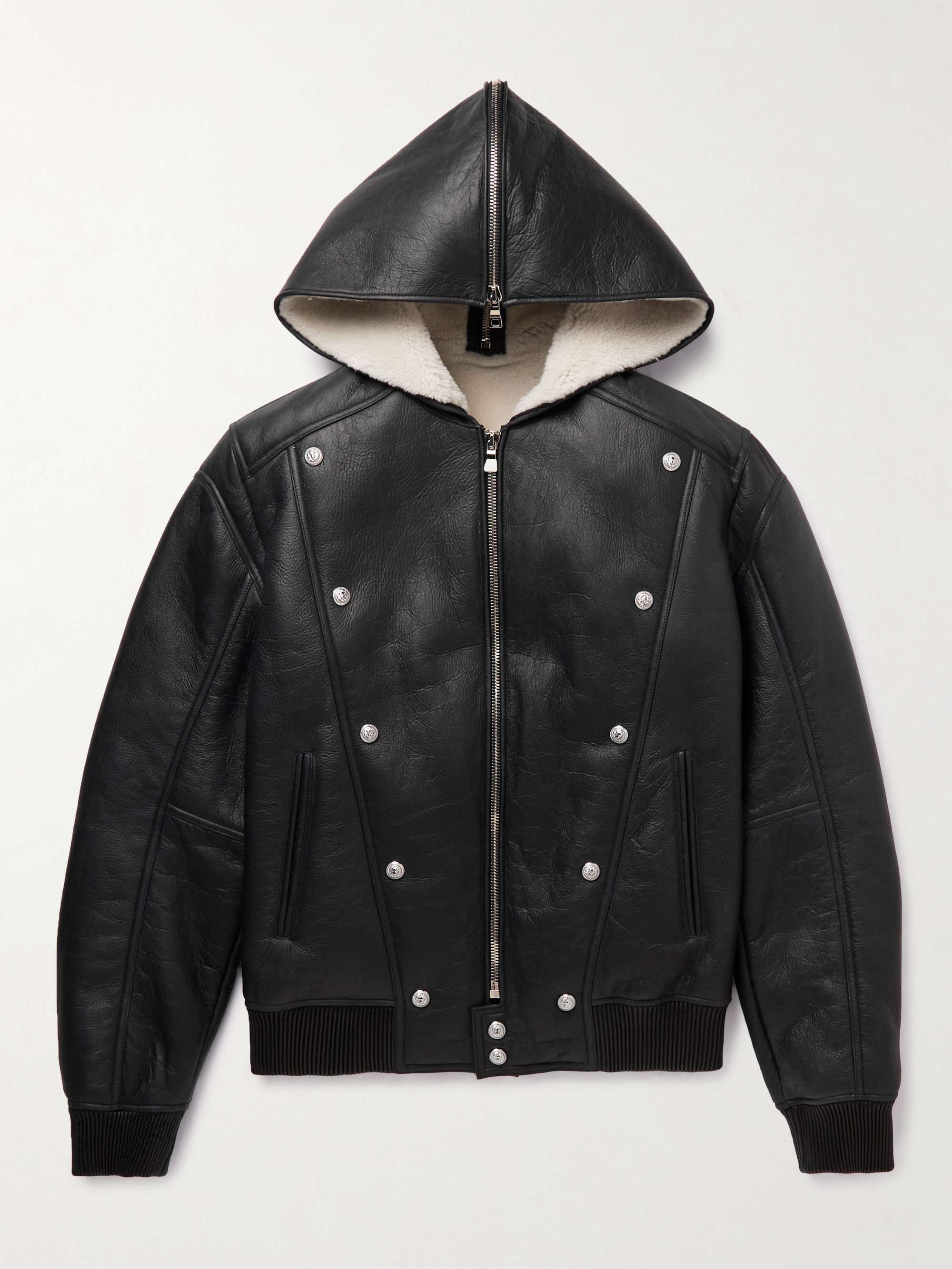 Black Faux Shearling-Lined Leather Hooded Jacket | BALMAIN | MR PORTER