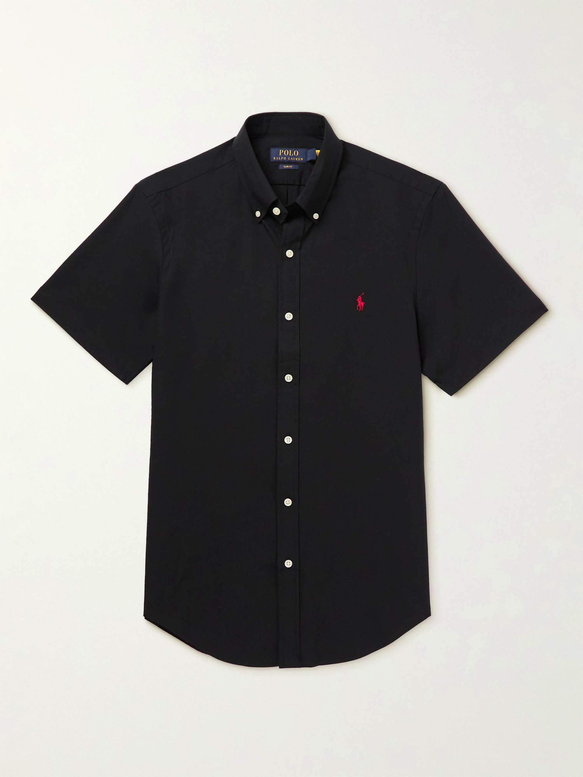 Black Slim-Fit Button-Down Collar Logo-Embroidered Cotton-Blend 