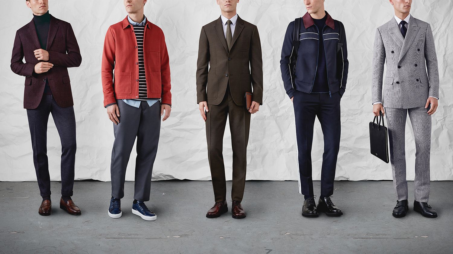 Five models showcasing men’s formal fashion