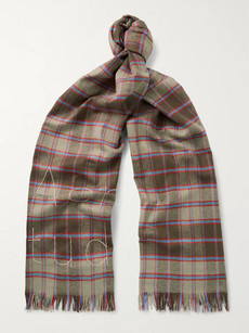 Acne Studios Ontario Fringed Embroidered Checked Wool Scarf In Mushroom