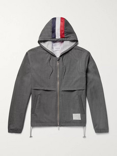 Thom Browne Mesh-striped Wool Hooded Jacket In Gray
