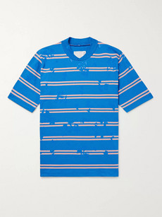 Sacai Paint-splattered Striped Cotton T-shirt In Blue