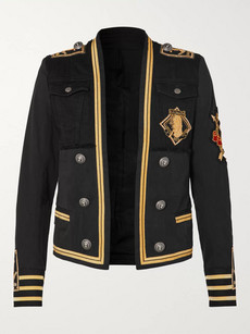 Balmain Slim-fit Appliquéd Denim And Cotton-blend Twill Jacket In Black