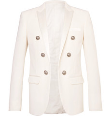 Balmain White Slim-fit Double-breasted Satin-trimmed Wool Blazer
