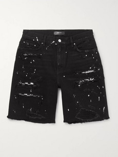 Amiri Slim-fit Canvas-panelled Distressed Stretch-denim Shorts In Black