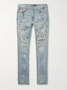 Amiri Thrasher Skinny-fit Distressed Painted Stretch-denim Jeans In Light Blue