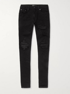 Amiri Mx1 Skinny-fit Leather-panelled Distressed Stretch-denim Jeans In Black