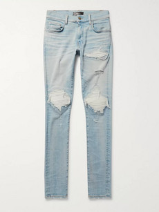 Amiri Mx1 Skinny-fit Leather-panelled Distressed Stretch-denim Jeans In Light Blue