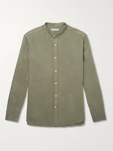 Loro Piana Grandad-collar Linen Shirt In Sage Green | ModeSens