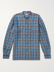 Camoshita Grandad-collar Checked Ramie And Cotton-blend Shirt - Blue