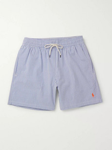 Polo Ralph Lauren Mid-length Striped Cotton-blend Seersucker Swim Shorts In Blue