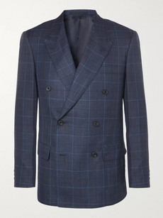 KINGSMAN HARRY'S NAVY DOUBLE-BREASTED CHECKED WOOL, SILK AND LINEN-BLEND SUIT JACKET