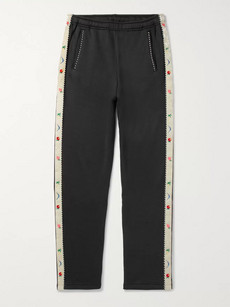 Kapital Slim-fit Tapered Embroidered Velvet-trimmed Jersey Sweatpants In Black