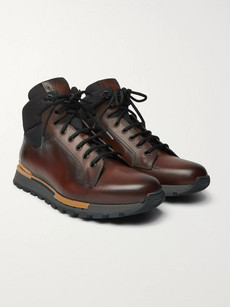 Berluti Fast Track Leather And Jacquard-shell Hiking Boots In Brown