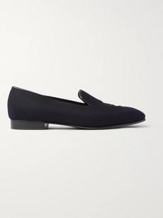Kingsman George Cleverley Windsor Leather-trimmed Embroidered Cashmere Slippers In Navy