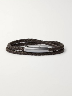Bottega Veneta Intrecciato Leather And Oxidised Silver-tone Wrap Bracelet In Brown