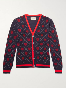 Gucci Slim-fit Webbing-trimmed Wool-jacquard Cardigan In Blue