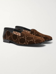 GUCCI GALLIPOLI COLLAPSIBLE-HEEL LEATHER-TRIMMED EMBROIDERED VELVET LOAFERS