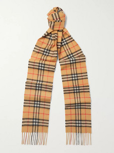 Burberry Fringed Checked Brushed-cashmere Scarf In Tan