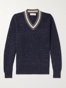 Brunello Cucinelli Stripe-trimmed Mélange Virgin Wool-blend Sweater - Blue In Dark Blue