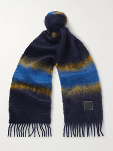 LOEWE FRINGED LEATHER-TRIMMED DÉGRADÉ MOHAIR AND WOOL-BLEND SCARF