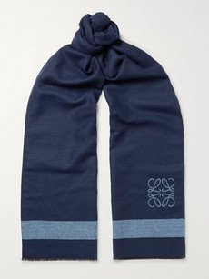 Loewe Fringed Logo-intarsia Wool And Silk-blend Scarf In Navy
