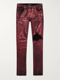 Amiri Skinny-fit Distressed Glittered Stretch-denim Jeans In Red