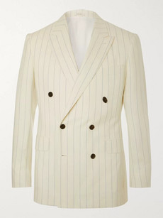 Husbands Cream Slim-fit Pinstriped Double-breasted Wool Blazer