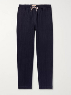 DE BONNE FACTURE TAPERED PINSTRIPED COTTON AND WOOL-BLEND DRAWSTRING TROUSERS - NAVY