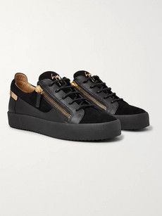 GIUSEPPE ZANOTTI LOGOBALL LEATHER AND SUEDE SNEAKERS - BLACK