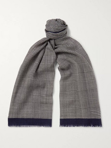 Altea Fringed Checked Virgin Wool And Silk-blend Scarf - Navy