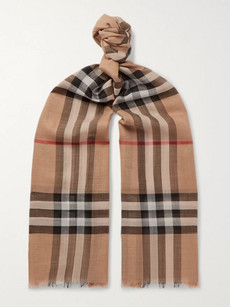 Burberry Fringed Checked Wool And Silk-blend Scarf In Tan