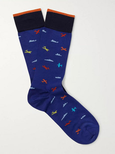 Marcoliani Plane Intarsia Pima Cotton-blend Socks - Blue - One Siz
