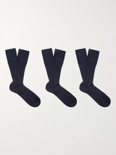 Marcoliani Three-pack Ribbed Cotton-blend Socks In Midnight Blue