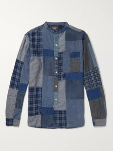 Rrl Grandad-collar Patchwork Cotton-blend Shirt In Blue