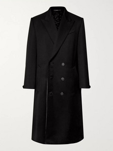 GIVENCHY LEATHER-TRIMMED DOUBLE-BREASTED WOOL-BLEND COAT - BLACK