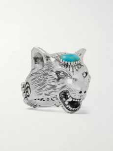 GUCCI WOLF'S HEAD SILVER-TONE TURQUOISE RING