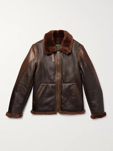 Schott B-3 Panelled Shearling And Eather Bomber Jacket - Dark Brown