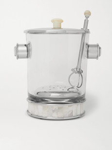 LORENZI MILANO GLASS, SILVER-TONE AND MOTHER-OF-PEARL ICE BUCKET AND TONGS