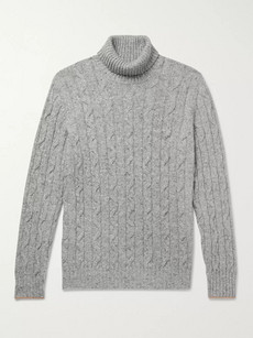 Brunello Cucinelli Contrast-tipped Mélange Cable-knit Rollneck Jumper In Grey