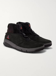 NIKE ACG RUCKEL RIDGE PERFORATED SUEDE AND FLYKNIT SNEAKERS