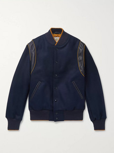 Golden Bear The Hayes Leather-panelled Wool-blend Bomber Jacket In Navy