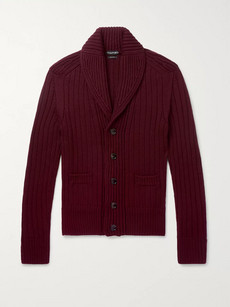 Tom Ford Slim-fit Shawl-collar Ribbed Wool Cardigan In Burgundy