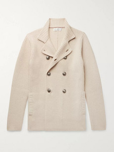 Brunello Cucinelli Double-breasted Ribbed Virgin Wool, Cashmere And Silk-blend Cardigan In Neutrals