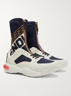 FENDI LOGO-JACQUARD STRETCH KNIT-PANELLED LEATHER HIGH-TOP SNEAKERS